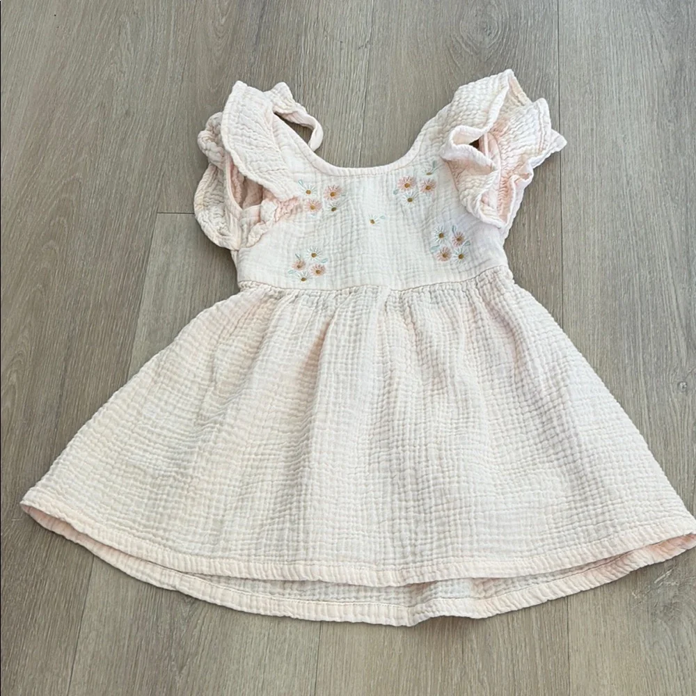 RZ Girls 100% Cotton Ruffled Dress Sz 2T Pale Pink Embroidered Flowers Back Tie